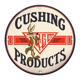 Vintage Cushing Products Porcelain Sign - Iconic Coyote Design, Classic Gasoline Memorabilia