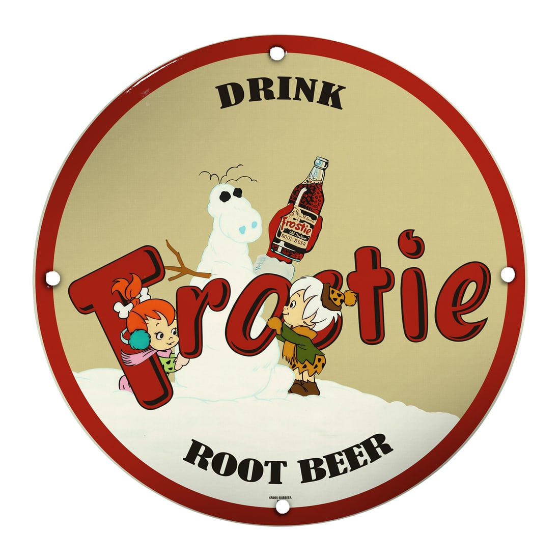Vintage Frostie Root Beer 8" Porcelain Sign - Classic Retro Advertising Decor: Step into nostalgia with this stunning 8-inch Frostie Root Beer porcelain sign, a perfect blend of whimsical charm and vintage allure. This collectible piece features delightful artwork, showcasing ad