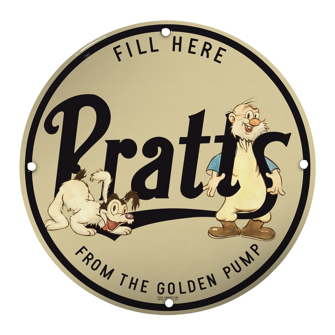 Vintage Pratts Porcelain Sign - 8" Fill Here From the Golden Pump: Discover a unique piece of automotive history with our Vintage Pratts Porcelain Sign, meticulously crafted to capture the charm of classic gas station memorabilia. Measuring 8 inches in diameter, this
