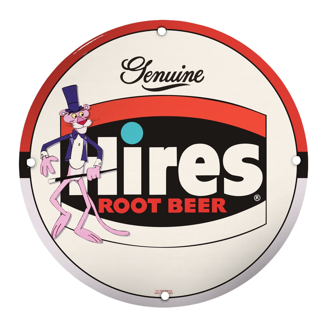 Vintage Hires Root Beer Porcelain Sign - Iconic Pink Panther Collectible D?cor: Discover a piece of beverage history with this authentic 8" porcelain sign featuring the legendary Hires Root Beer logo alongside the iconic Pink Panther. A nostalgic collectible, perfect for home d?c