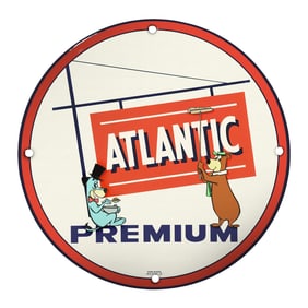 Vintage 8" Atlantic Premium Porcelain Sign Featuring Cartoon Characters