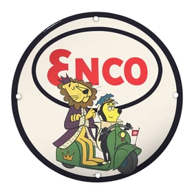 Vintage 8" ENCO Gasoline Porcelain Sign - Charming Cartoon Design for Collectors