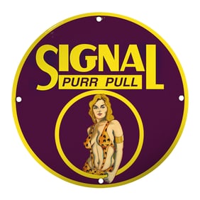 Vintage 8" Porcelain Sign - Signal Purr Pull with Retro Pin-Up Design