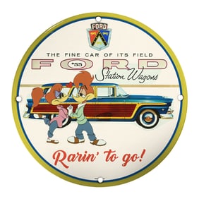 Vintage 1955 Ford Station Wagon Porcelain Sign with Cartoon Characters - Rarin' to Go!
