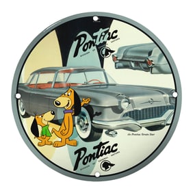 Vintage 8" Pontiac Porcelain Sign Featuring Classic Strato Star & Animated Characters
