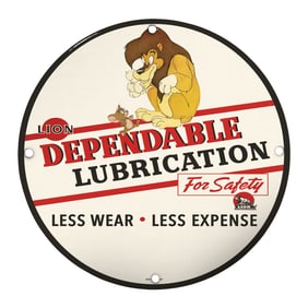 Vintage 8" Lion Dependable Lubrication Porcelain Sign for Garage & Automotive Decor