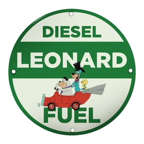 Vintage 8" Porcelain Sign - Leonard Diesel Fuel with Classic Cartoon Characters