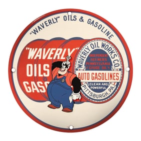 Vintage Waverly Oils & Gasoline 8" Porcelain Sign - Classic Americana Automotive Decor
