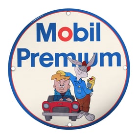Vintage Mobil Premium 8" Porcelain Gasoline Sign Featuring Bugs Bunny & Elmer Fudd