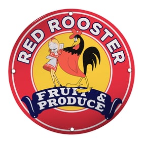 Vintage Red Rooster Fruit & Produce 8" Porcelain Sign - Classic Country Decor
