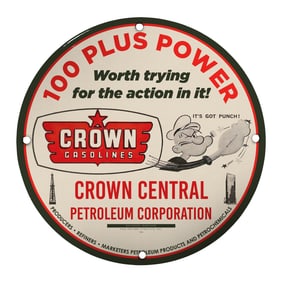 Vintage 8" Porcelain Sign - Crown Gasolines 100 Plus Power - Collectible Advertising Piece