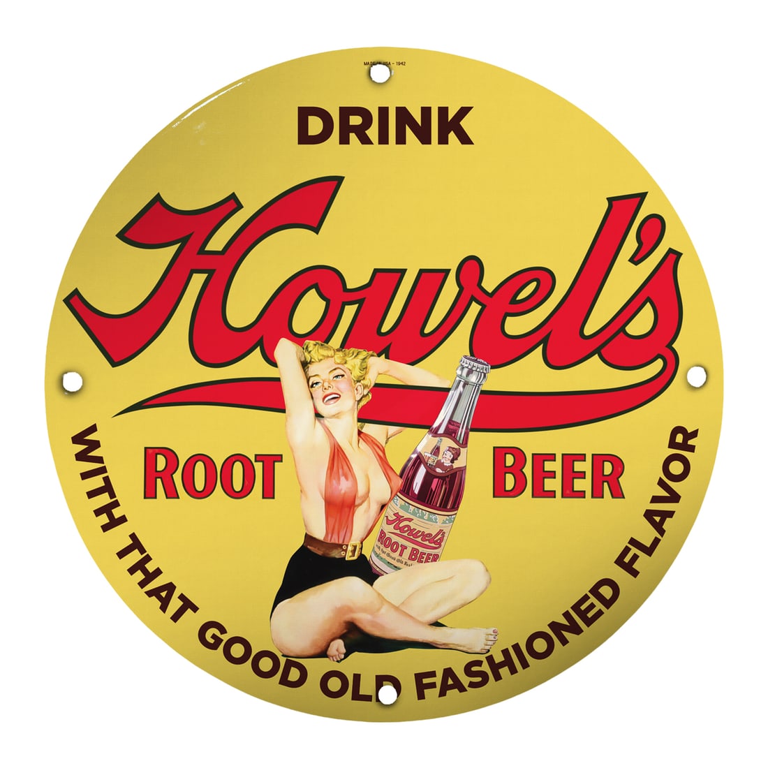 Howel's Root Beer 8" Porcelain Sign - Vintage Charm for Collectors: Elevate your collection with this authentic 8-inch Howel's Root Beer porcelain sign, a quintessential piece that encapsulates the nostalgia of vintage Americana. This vibrant, round sign features the