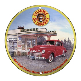 Vintage Gilmore Oil Company Porcelain Sign - Classic American Motoring Art