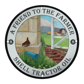 Vintage 8" Porcelain Sign - A Friend to the Farmer Shell Tractor Oil Artwork