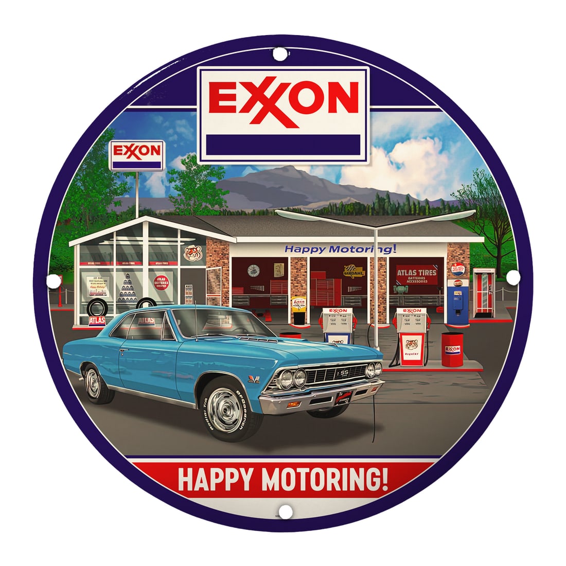 Vintage Exxon Porcelain Sign: Happy Motoring with Classic Car Display: Discover the charm of retro decor with our exquisite 8-inch porcelain sign featuring the iconic Exxon logo and a classic blue car set against a backdrop of a vintage gas station. This sign captures th