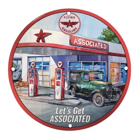 Vintage 8" Porcelain Sign: Let's Get Associated - Flying Gasoline Station Artwork