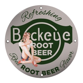 Vintage Buckeye Root Beer 8" Porcelain Sign - Refreshing Nostalgia for Collectors