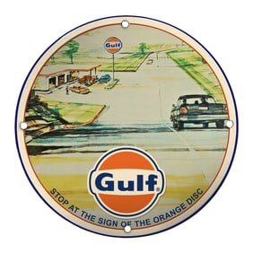 Vintage Gulf Oil 8" Porcelain Sign - Stop at the Sign of the Orange Disc