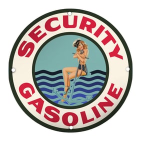 Vintage Security Gasoline 8" Porcelain Sign - Nautical Pin-Up Art Decor