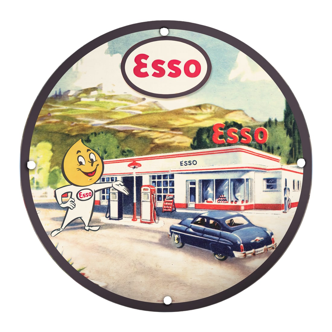 Vintage Esso Porcelain Sign: Classic Gas Station Decor for Collectors: Immerse yourself in nostalgic Americana with this stunning 8-inch vintage Esso porcelain sign. Featuring the iconic Esso logo and a charming illustration of an old-fashioned gas station, this sign spe