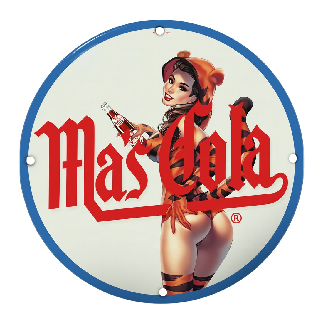 Vintage Porcelain Sign: Mas Cola Collectible Artwork for Retro Decor: Discover the charm of vintage artistry with our 8" porcelain Mas Cola sign, a perfect collectible piece for any retro enthusiast or vintage decor lover. This beautifully crafted sign features a vibran