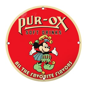 Vintage 8" Pur-Ox Soft Drinks Porcelain Sign Featuring Iconic Cartoon Character