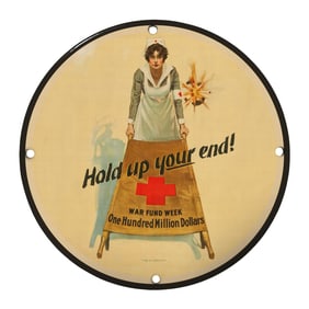 Vintage 8" Porcelain Sign: 'Hold Up Your End!' War Fund Week Decoration