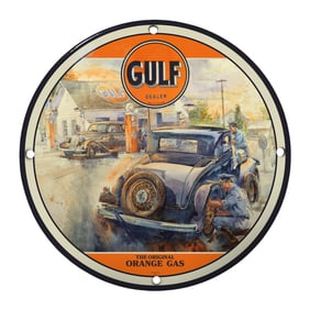 Vintage Gulf Dealer Porcelain Sign - The Original Orange Gas Artwork (8-Inch)