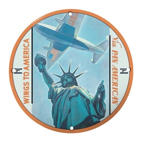Vintage 8" Porcelain Sign: Wings to America with Statue of Liberty & Pan Am Plane
