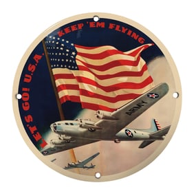 Vintage Porcelain Sign: Let's Go! U.S.A. Keep 'Em Flying with American Flag Design