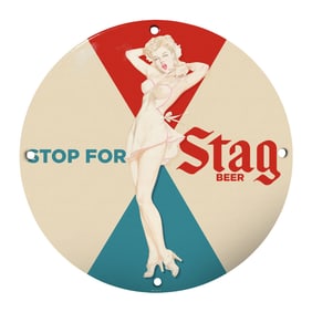 Vintage 8-Inch Porcelain Sign: Stop for Stag Beer - Classic Bar Decor