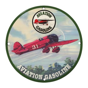 Vintage 8" Round Aviation Gasoline Porcelain Sign - Classic Airplane Art