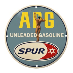 Vintage 8" Porcelain Sign: ARG Unleaded Gasoline by SPUR