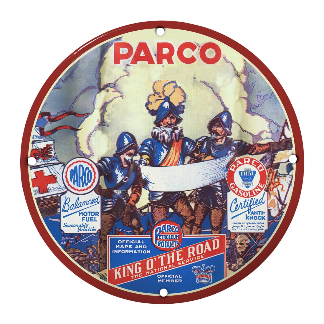 Vintage Parco Gasoline 8" Porcelain Sign - King o' the Road Design (1 of 2)