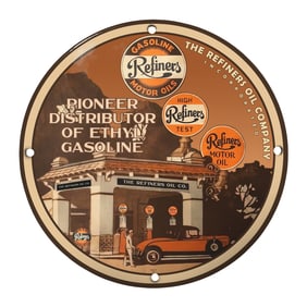 Vintage 8" Porcelain Gasoline Sign - Pioneer Distributor of Ethyl Gasoline