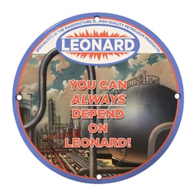 Vintage Leonard Petroleum 8" Porcelain Sign ? Dependable Quality You Can Trust!