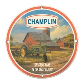 CHAMPLIN Porcelain Sign - Iconic John Deere Tractor in Rolling Plains - 8"