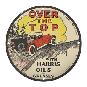 Vintage 8" Porcelain Sign: Over the Top with Harris Oils and Greases