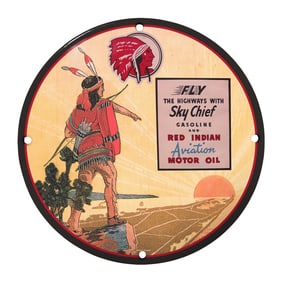Vintage Americana: 8" Porcelain Sky Chief Gasoline Sign - Red Indian Aviation Oil