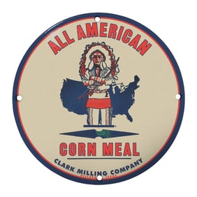 Vintage 8" Porcelain Sign: All American Corn Meal - Nostalgic Decor for Your Home