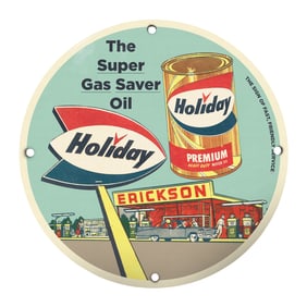 Vintage Holiday Gas Saver Oil 8" Porcelain Sign - Classic Automotive Decor