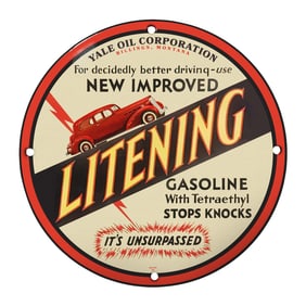 Vintage Litening Gasoline Porcelain Sign - Classic Auto Advertising Memorabilia
