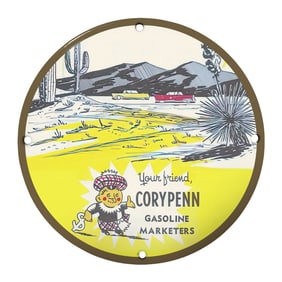 Vintage Corypenn Gasoline Marketers 8" Porcelain Sign - Collectible Decor for Auto Enthusiasts
