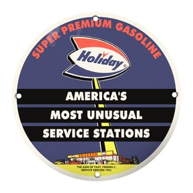 Vintage Holiday Super Premium Gasoline Porcelain Sign - Unique Americana Decor