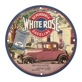 Vintage White Rose Gasoline 8" Porcelain Sign - Nostalgic Oil Advertising