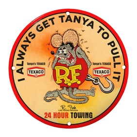 Vintage Texaco Porcelain Sign: Tanya's Towing with Whimsical Mouse Art