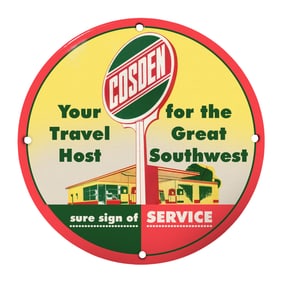 Vintage 8" Porcelain COSDEN Sign - A Retro Travel Host Icon for the Great Southwest