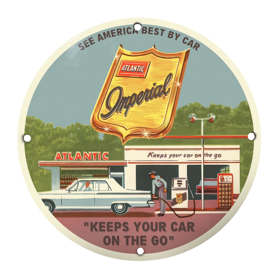 Retro Atlantic Imperial Porcelain Sign - Classic Gas Station Decor: Elevate your space with this stunning 8" porcelain sign featuring the iconic Atlantic Imperial logo. Inspired by the classic gas stations of the 1950s and 60s, this sign beautifully captures a moment