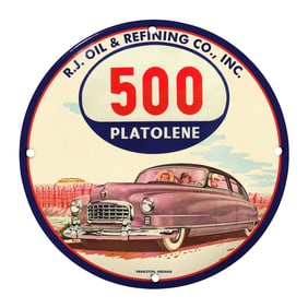 Vintage R.J. Oil & Refining Co. Porcelain Sign - 500 Platolene - Classic Car Art