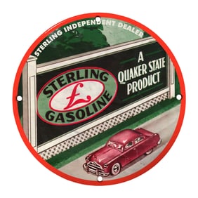 Vintage 8" Sterling Gasoline Porcelain Sign - Quaker State Product